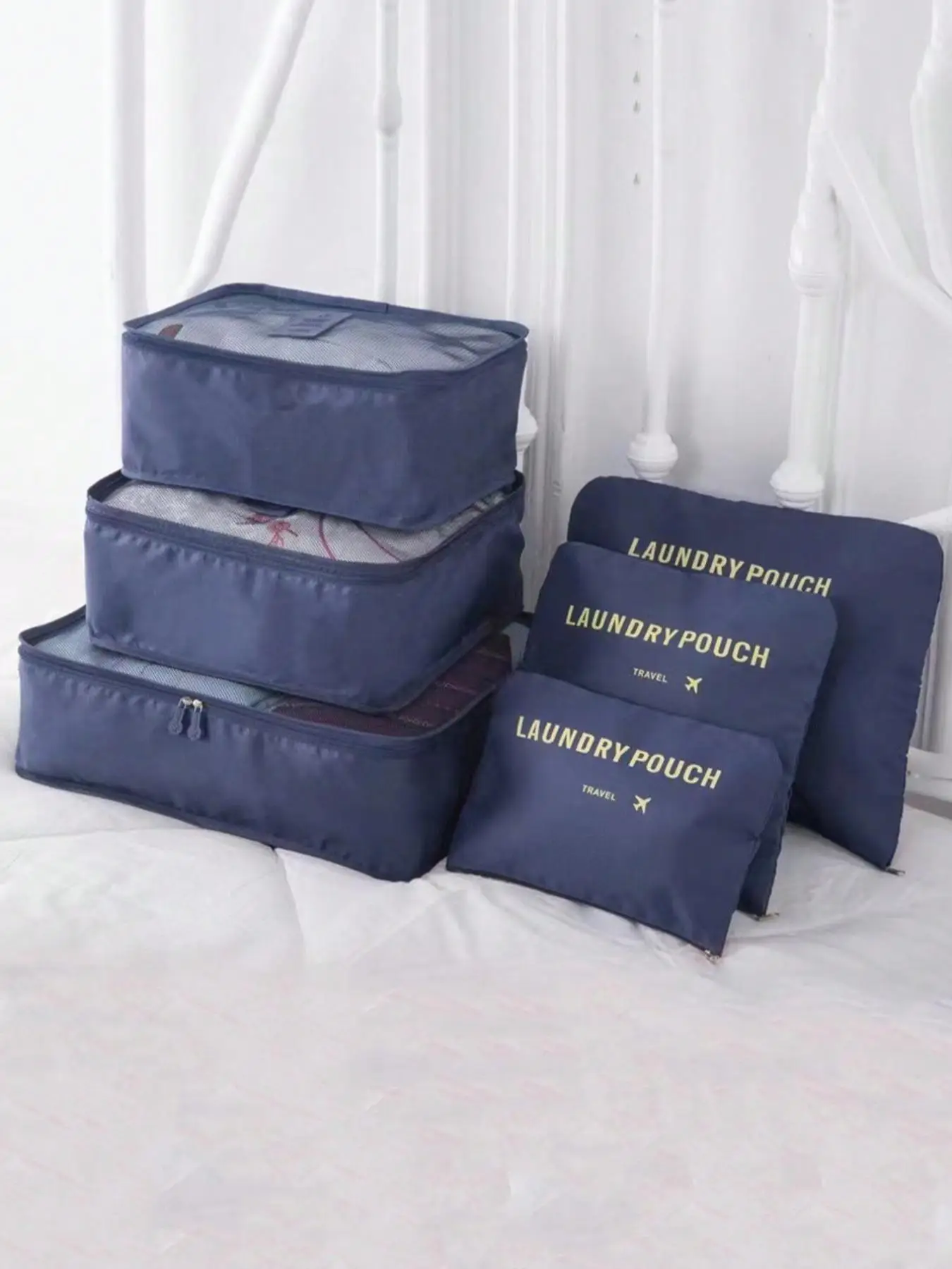 6pcs/set Casual Lightweight Large Capacity Travel Clothes Organizer, Mixed Size Letters Pattern Luggage Storage Bag Set, Versatile Travel Organizer Ba