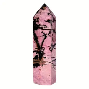Natural Rhodonite Tower Crystal Quartz Healing Wand Stone Point Faceted Prism Carved Reiki Stone Figurine Meditation Therapy