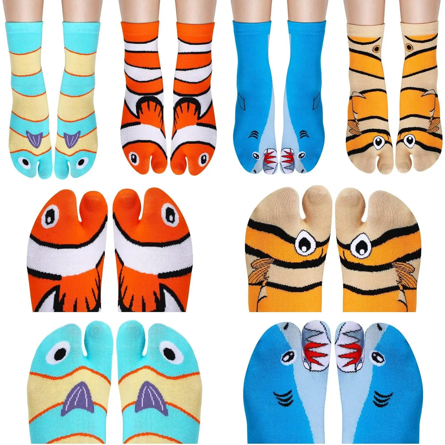 12 Pairs  Sea  Sock Funny Fish Novelty Socks Cotton Flip Flop Unisex Tabi Split  Fish Crew for Women Men Teenager , 4 Styles