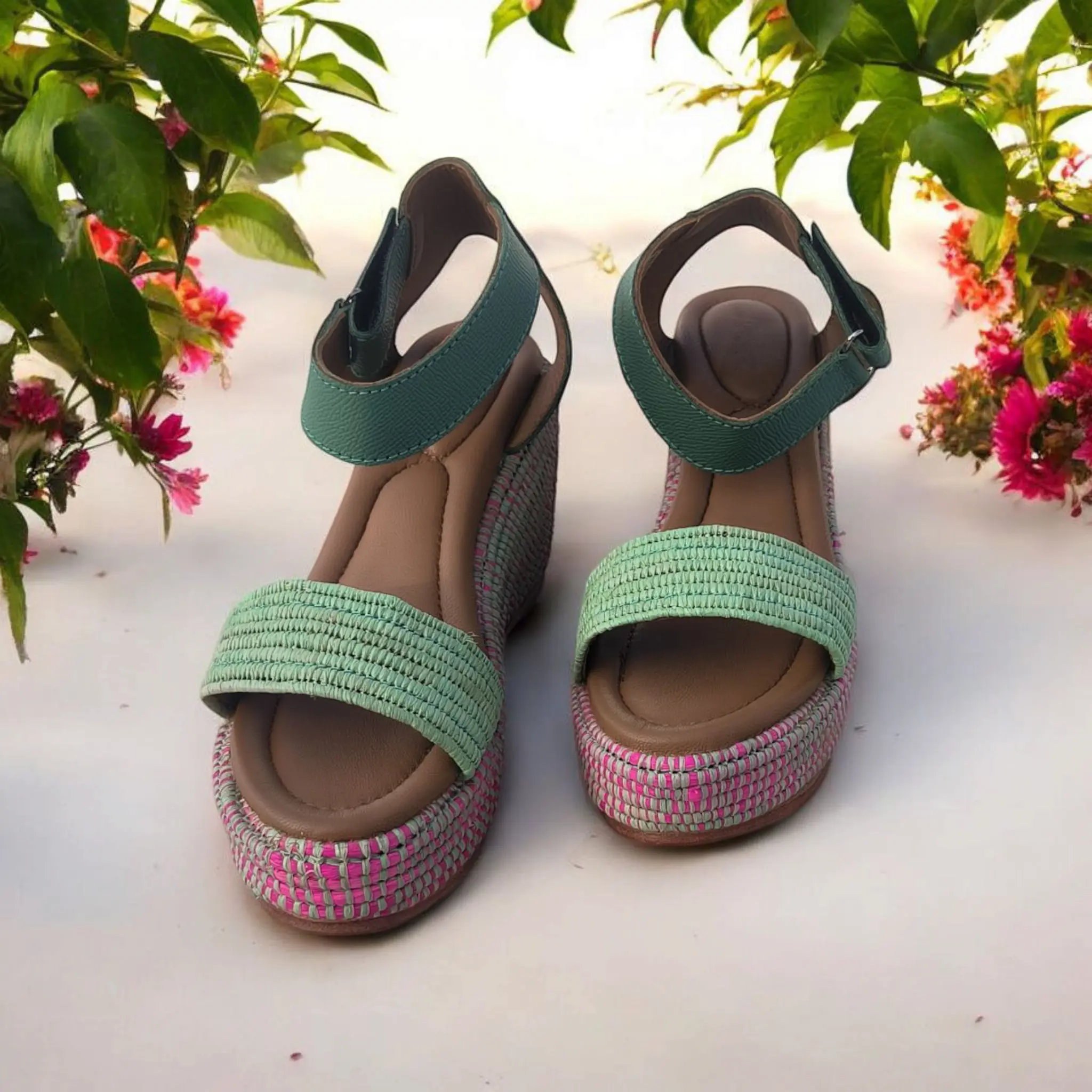 Green Rose raffia sandals Handwoven Moroccan Raffia Slippers | Elegant Indoor-Outdoor Wear