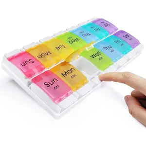 Large Pill Organizer 2 Times a Day, AM PM Pill Box 7 Day, 14 Dividers 2 Week Medicine Pill dispensers with Easy Push Button for Medication, Vitamins, Fish Oils, Supplements