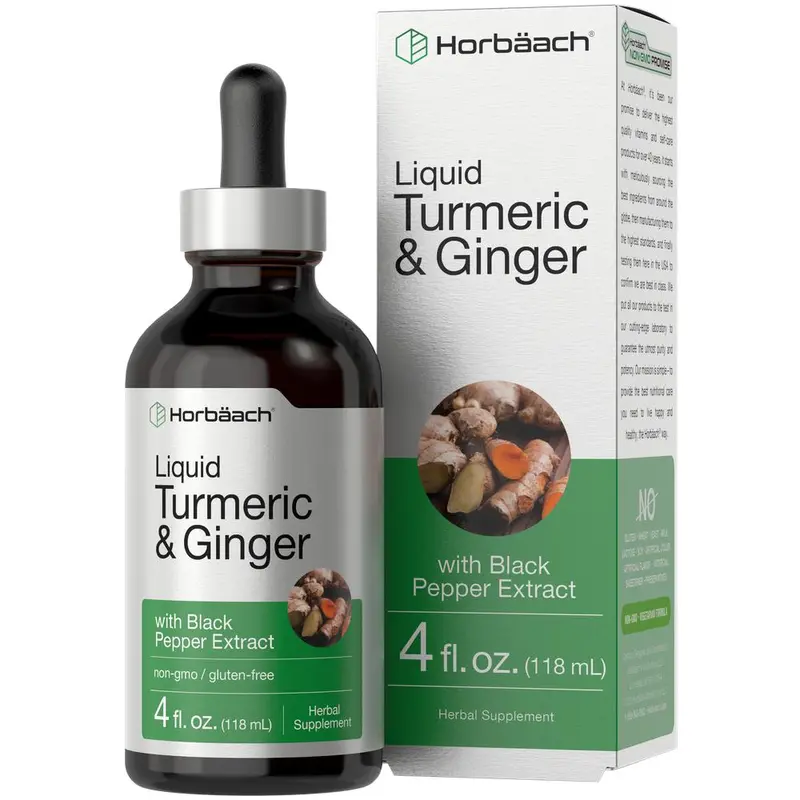 Horbäach Turmeric and Ginger Supplement Drops | 4 fl oz | with Black Pepper Extract | Herbal Liquid Tincture | Vegan, Non-GMO & Gluten Free
