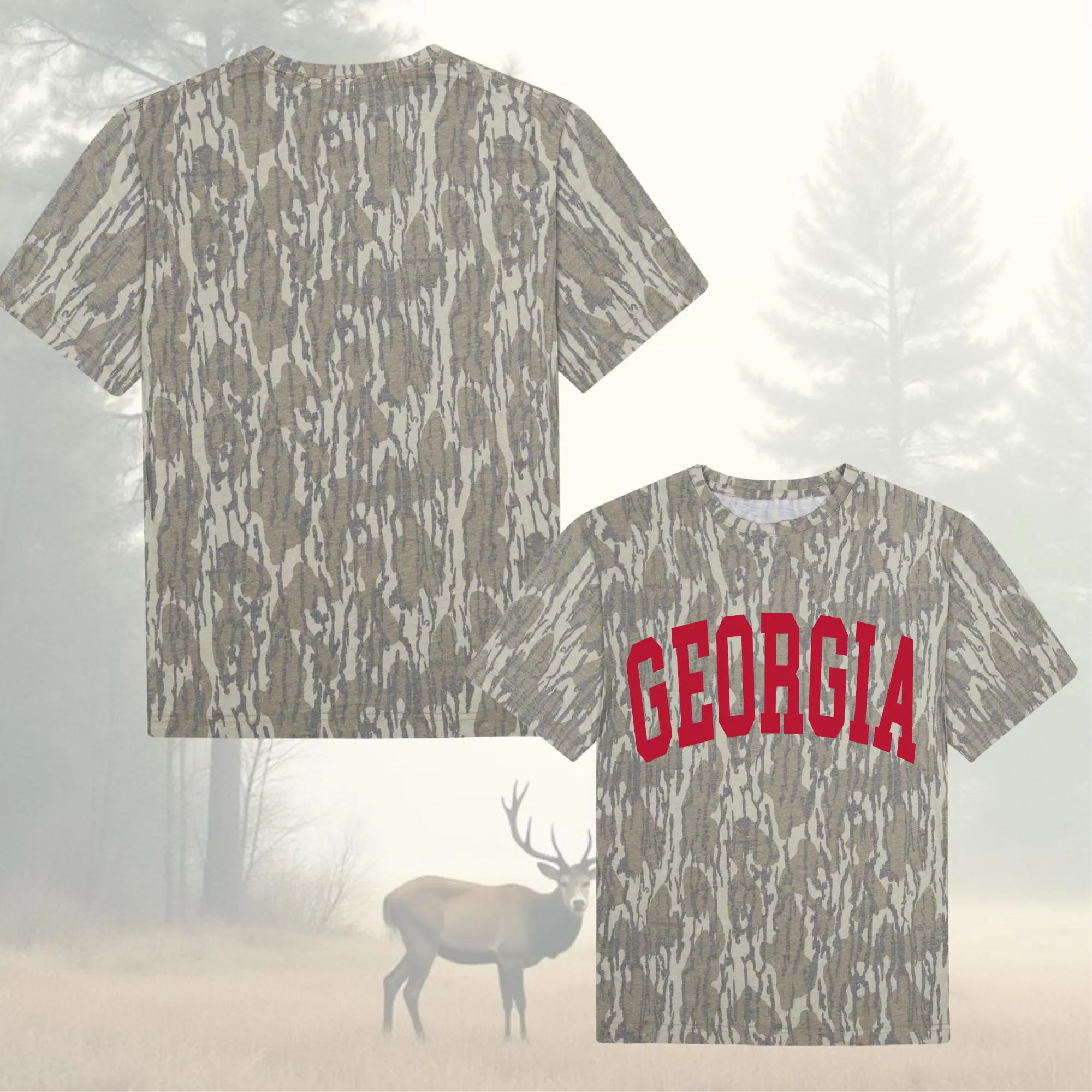 Unisex Georgia Mossy Oak Bottomland Camo Printed Shirt, Stretch Fabric, Streetwear Casual Wear Breathable Material Versatile Styling Soft Fabric Edgy, Unisex Outdoor Shirt Crewneck Aesthetics