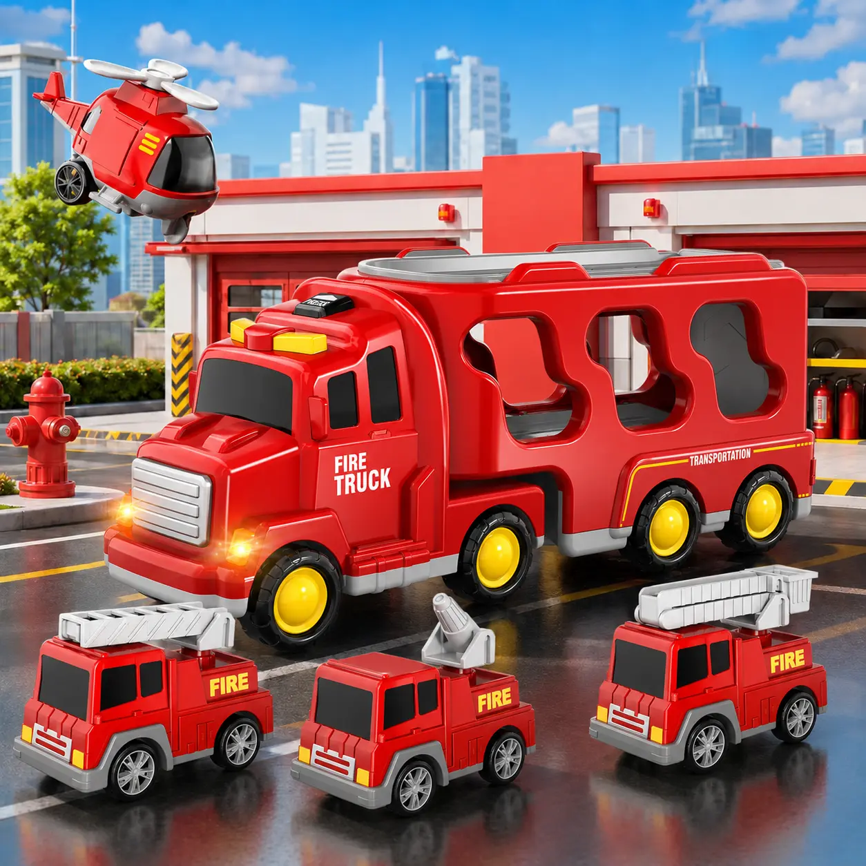 5-in-1 Carrier Truck Toy Set for 3-4 Years Olds - BPA-Free, Latex-Free, Plastic Safe Car Theme Engineering Set with Science & Children Development Benefits, 4 Mini Cars, Storage, Racing Mode, Lightweight Portable for Home, Outdoors