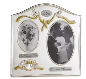 212 MAIN Double-Opening Satin Silver & Brass Plated Lacquered Finish Photo Frame - 50th Design, Velvet Back, Tabletop Display for 2 Photos, Baby Room Decoration, Anniversary Gift, High Quality, Lacquer Coated
