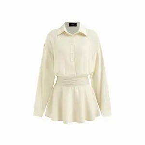 Cider Collar Shirred Ruched Long Sleeve Mini Shirt Dress