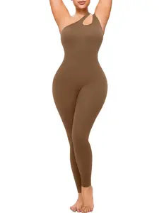 Women's Solid Ribbed One Shoulder Cut Out Shapewear Jumpsuit, Casual Comfy High Stretch Seamless Shaper for Daily Wear, Tummy Control Butt Lifting  Bodysuit for All Seasons.