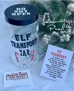 Lowcountry Pearl Elf Transport Jar - Portable 35oz Plastic Container for Soft Plush Elves - Snowflake & Candy Cane Decor - North Pole Delivery Sticker Included