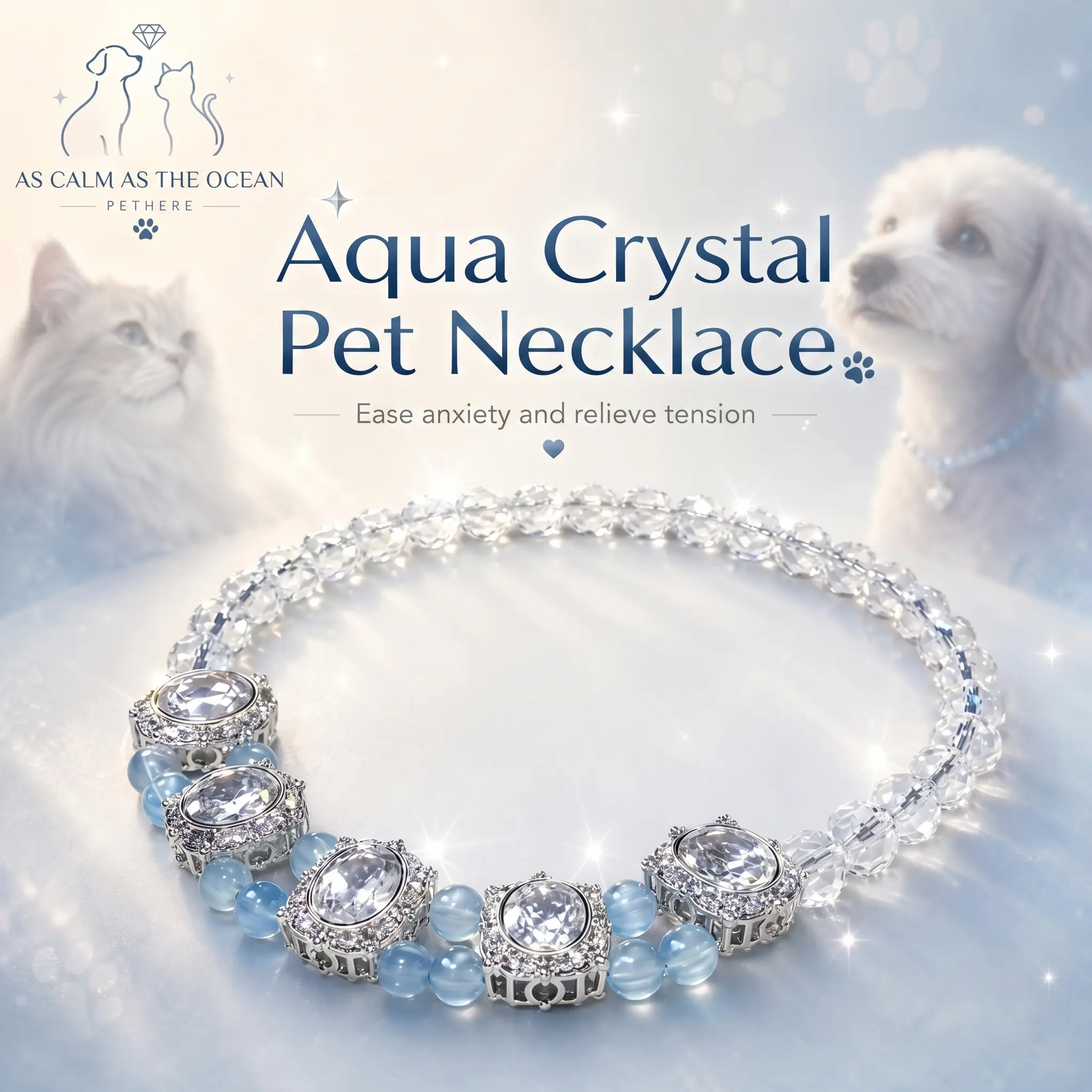 PETHERE Handmade natural crystal diamond necklace, aquamarine, a luxurious accessory, designed for pets, suitable for small, medium, and large dogs and cats, ideal as a wedding or birthday gift, to regulate the pet's mood and social interaction