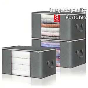 3 Pcs/set Large Capacity Storage Bag for Clothes and Quilt, Non-Woven Fabric Blanket Organizer with Reinforced Handle, Portable Clothing Box for Moving and Home Organization