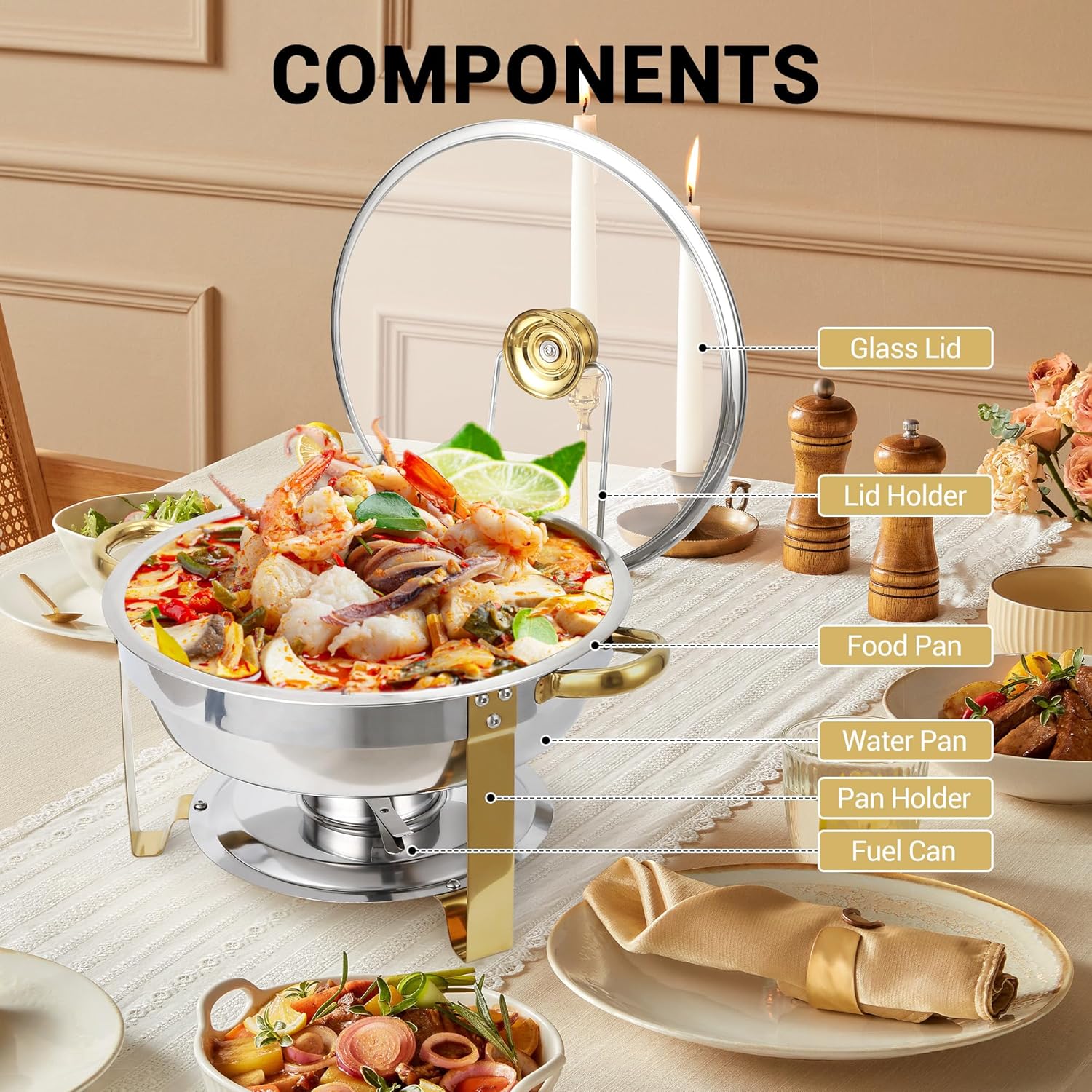 Chafing Dishes for Buffet 4 Pack, 5QT Round Chafing Dish Buffet Set with Visible Glass Lid Stainless Steel Buffet Food Warmers Sets for Wedding Party Banquet, Gold and Silver