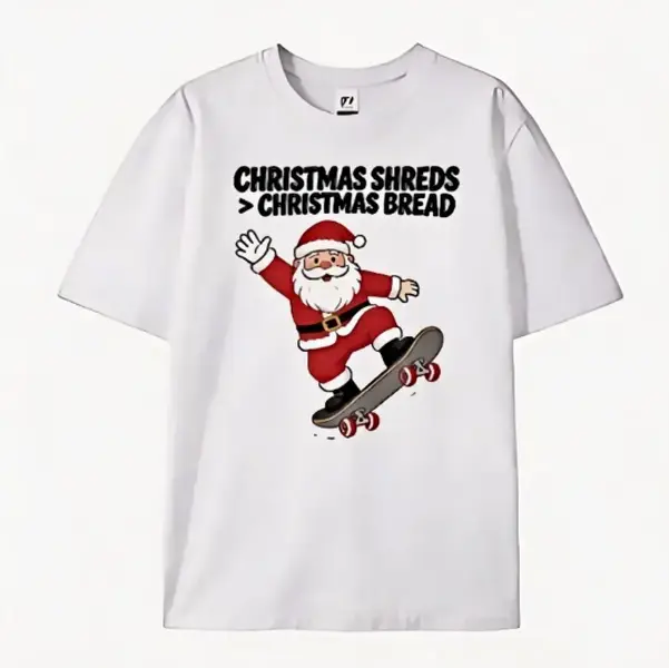 Men's Oversized Cotton Short-Sleeve T-Shirt - Christmas Skateboarding Santa Graphic, Cute Xmas Outfit, Ideal Gift for Lovers, Comfortable Casual Menswear Tops, Turtle-Inspired Design