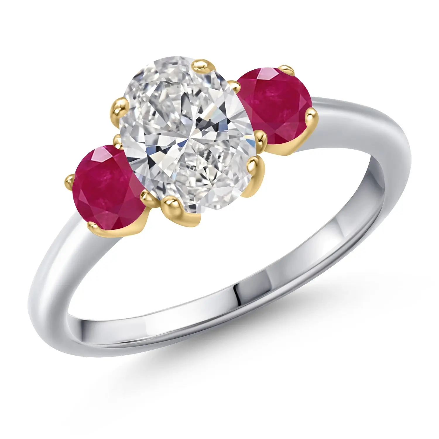 Gem Stone King 1.70cttw 10K White Gold IGI Certified Lab Grown Diamond and Red Ruby 3-Stone Engagement Ring For Women | Center 1.00 Ct Diamond | D-E Color | VS1-VS2 Clarity