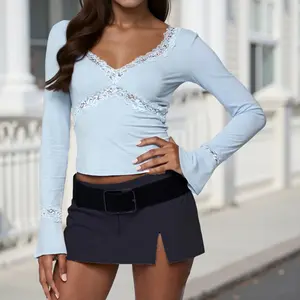 Women’s blue spring summer blouse! V neck, long sleeve & lace trim,fit style. Ideal for parties—chic and feminine, adding elegant charm to semi-formal looks while fitting the season’s light vibe.