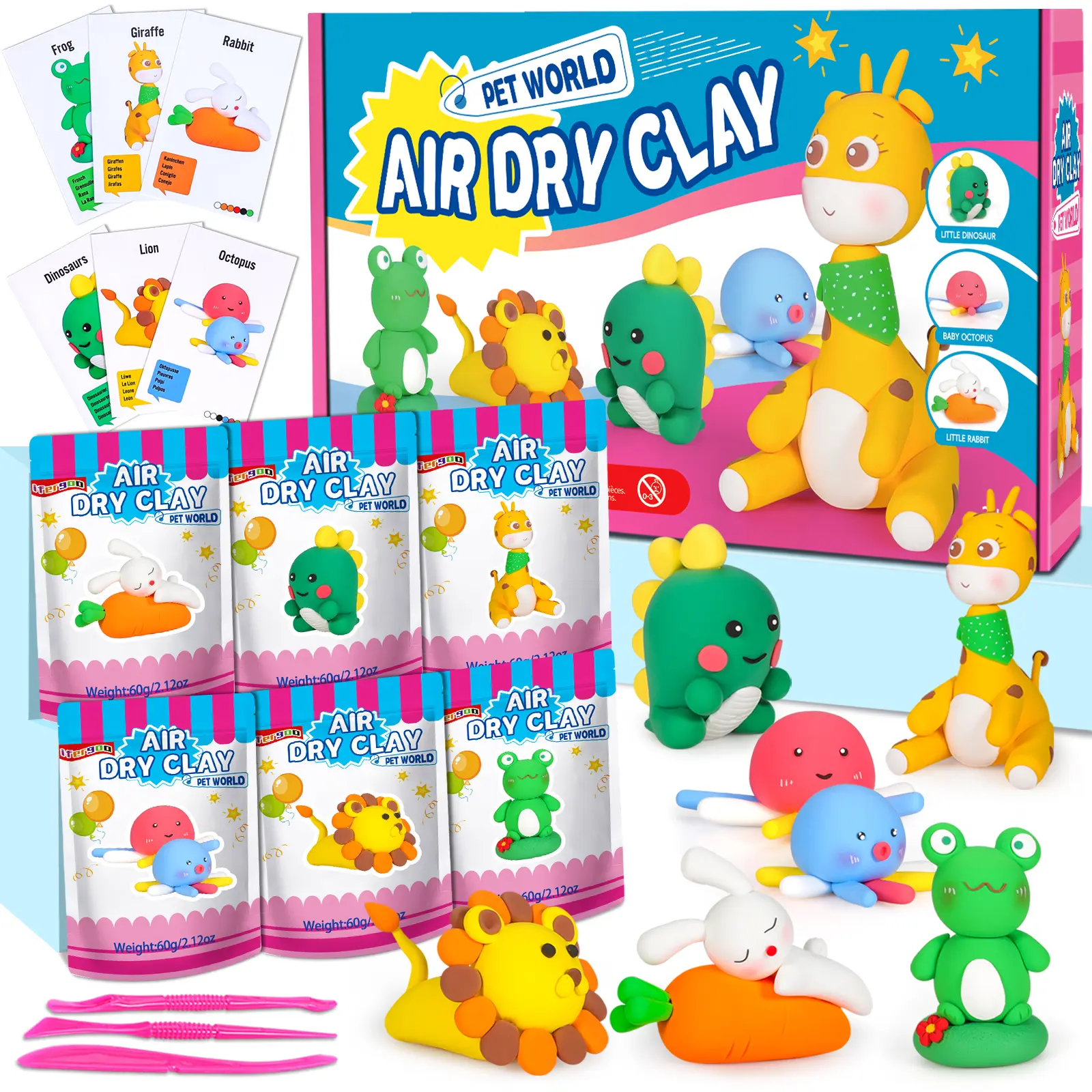 Kids' Animal Theme Air Dry Clay Kit - Educational Arts & Crafts Supplies with 6 Animal Designs, Clay Art Items for Sculpting, Creativity-Building Activity Gift for Christmas, Birthdays