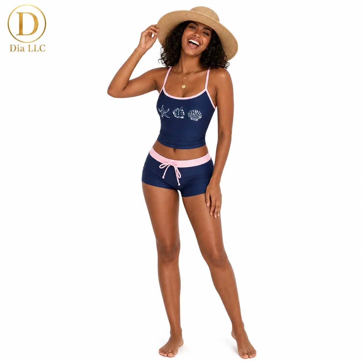 Women’s Navy Blue  Summer Set, Beach Graphic Cami Crop Top & Drawstring Fitted Shorts, Y2K Vacation Lounge Outfit