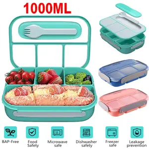 Bento Box 1000ML with 4 Compartments, Food Picks, Cake Cups, Leak-Proof, Microwave/Dishwasher/Freezer Safe, Reusable Lunch Box for Adults, Toddlers