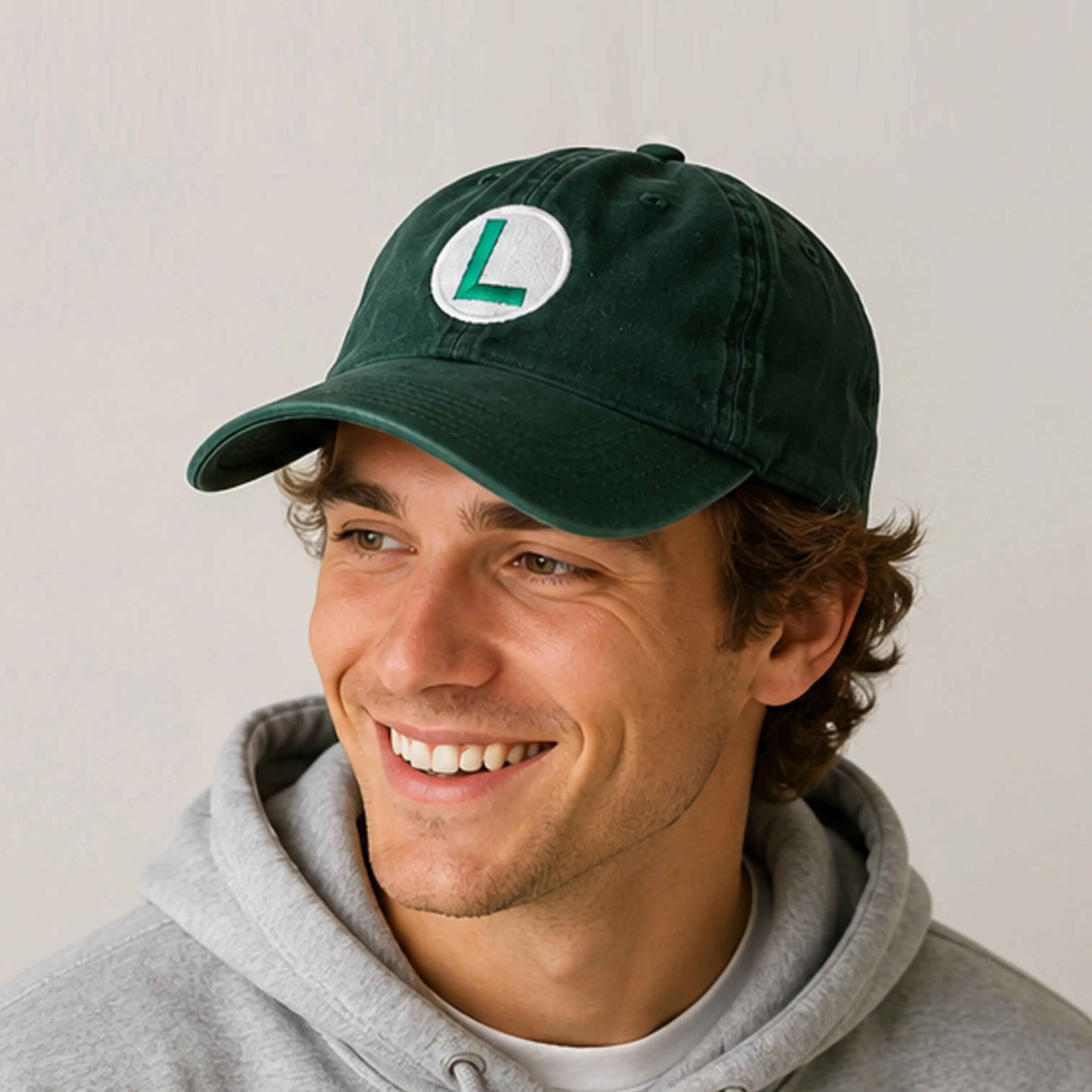 Luigi Design Embroidered Cap, Washed Cotton Sports & Outdoor Hat for Halloween Costumes