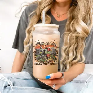Halloween Town Spooky Frosted Glass Tumbler 16 OZ halloween cups Bamboo Beverage, Halloween Mug, Iced Coffee Glass