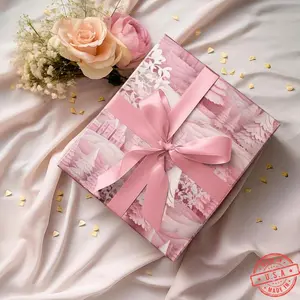Christmas Gift Wrap for Her  Pink Paper Forest Scene, Feminine Holiday Wrapping, Magical Winter Landscape with Blush Castle Packaging