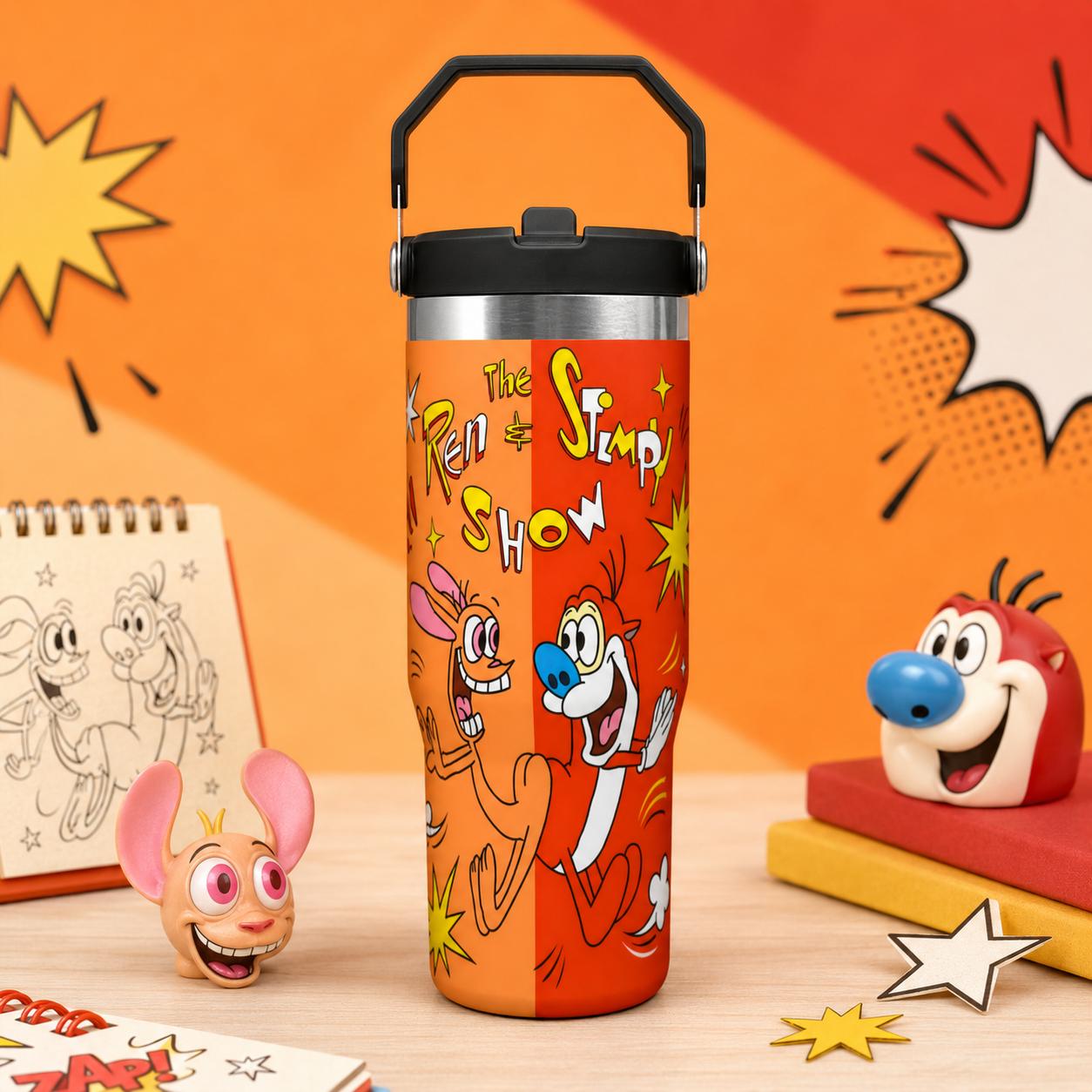 30oz Ren & Stimpy Show Insulated Tumbler, Stainless Steel Reusable Water Bottle with Straw Lid & Folding Carry Handle, Retro Cartoon Travel Cup