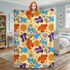 Big Blue House Bear Blanket - Super Soft Velvet Throw - Portable Lightweight Quilt for Home & Office - Vintage Style Digital Print, Mixed Color, Polyester Blanket