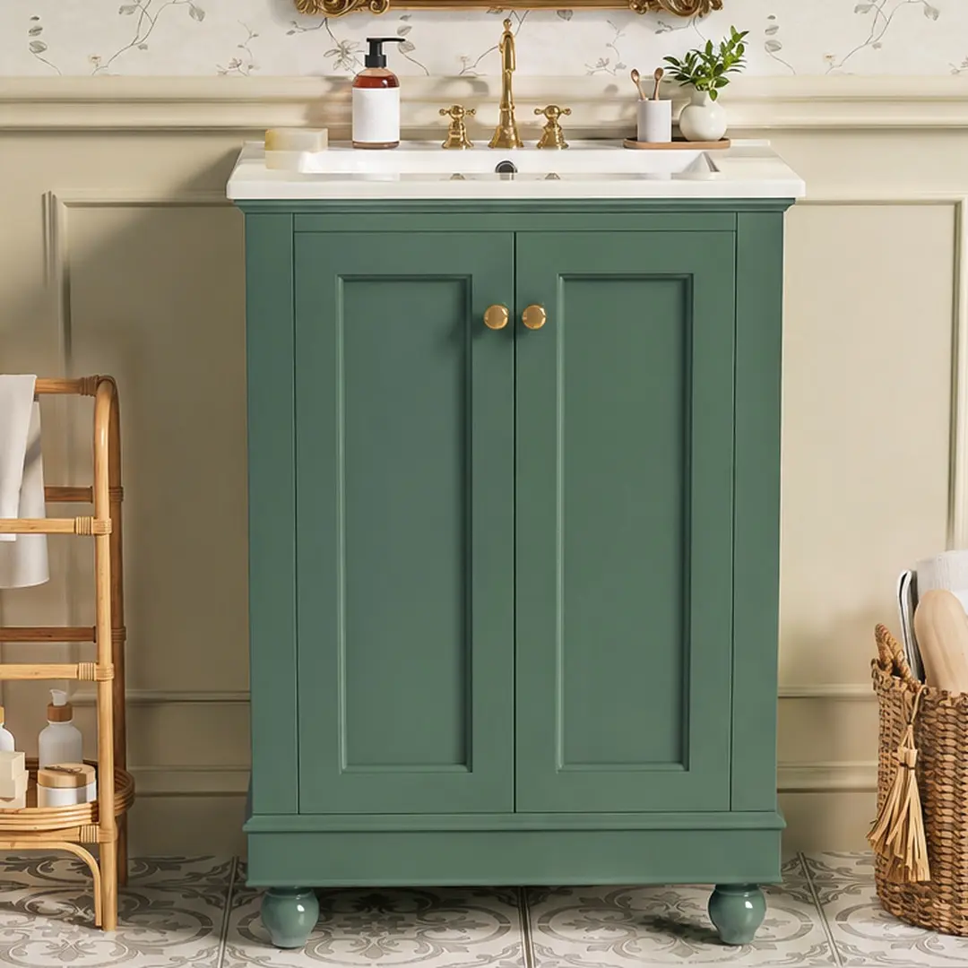 24-Inch Modern ARCH Bathroom Vanity Cabinet with Ceramic Sink, Green Solid Wood & MDF Flat-Top Floor Cabinet, Soft-Closing Storage, Adjustable Shelf, Elegant Carved Design, Ball Legs, Open Back for Easy Plumbing, Single-Box Product, Flat-Top Floor Cabinet