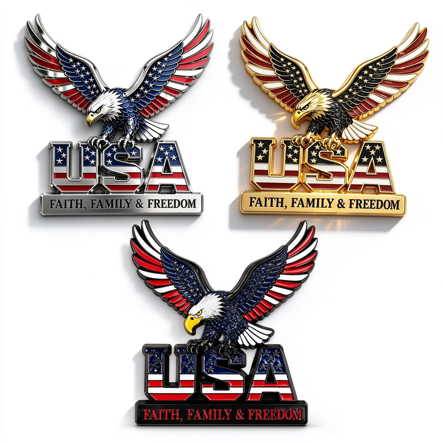 3D Upgraded Metal USA Eagle Car Emblem Badge - Faith&Freedom Patriotic Peel-and-Stick Decal, Waterproof Ornament for Truck, SUV, Moto