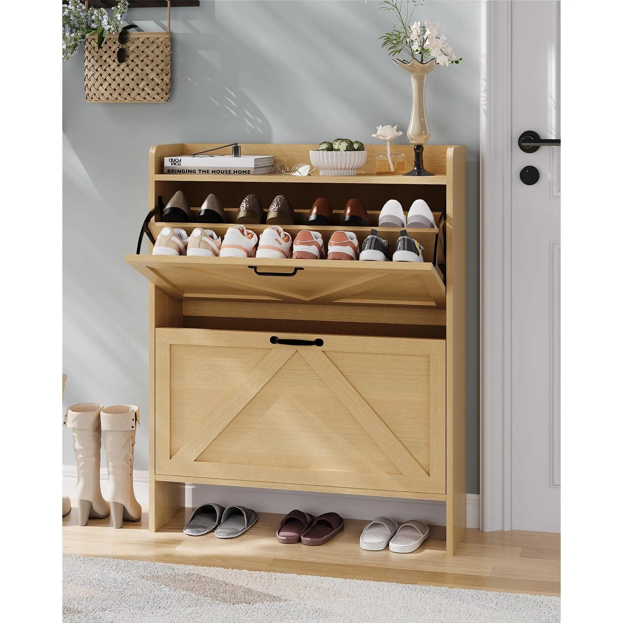Garvee Narrow Shoe Rack with 2 Foldable Drawers, Hidden Independent Organizer for Entryway and Living Room, Natural Wood Color, Dimensions 80×24×102 cm