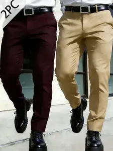 2-pieces Men's New Loose Straight Leg Elastic Solid Color Formal Pants, Casual Pockets, Anti-Wrinkle Comfortable Business Casual Trousers for Work and Weekend