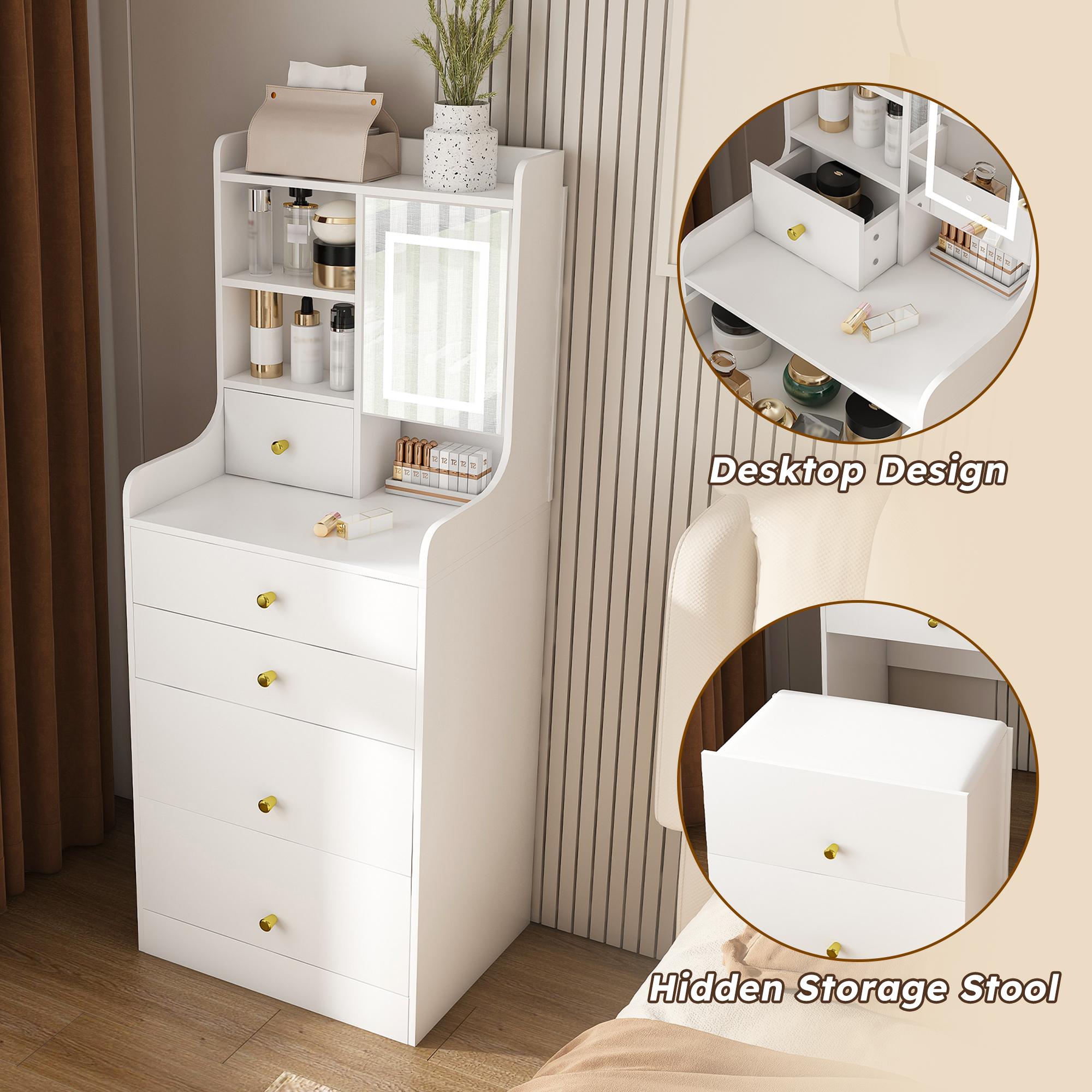 3-in-1 Vanity Desk with LED Mirror and Lights, Compact Makeup Vanity Table with 4 Drawers, Storage Cabinet, Hidden Stool & Shelves for Bedroom, Brightness Adjustable, White