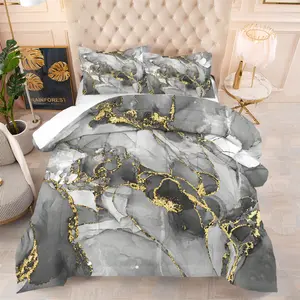 2/3PCS Elegant Gray Gold Marble Comforter Set, Modern Abstract Gold Foil Quilt, Soft Microfiber Bedding Set with Pillowcases, Luxury Aesthetic Room Decor Comforter for Bedroom, All Season Gift for Women Men