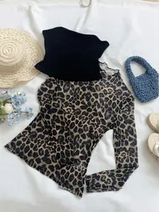 Women's Two-Piece Set Outfit Leopard Print Long Sleeve Top, Slim Fit Layered Blouse, Stylish Mesh Fabric, All Seasons Fashion, Casual