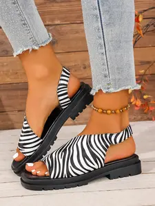 Women's Multicolor Snake Print Chunky Heel Sandals, Leopard Print Thick Sole Slip-On, Cross Strap Design, Sweet Cool Y2K Style, Summer Casual Shoes