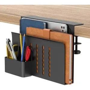 Desk Side Storage, Single-Layer Steel Hanging Desk Organizer with Magnetic Pen Holder, No Drilling Desk Drawer Cable Management Tray, Under Table Laptop Holder for Office, School&Home(Black)