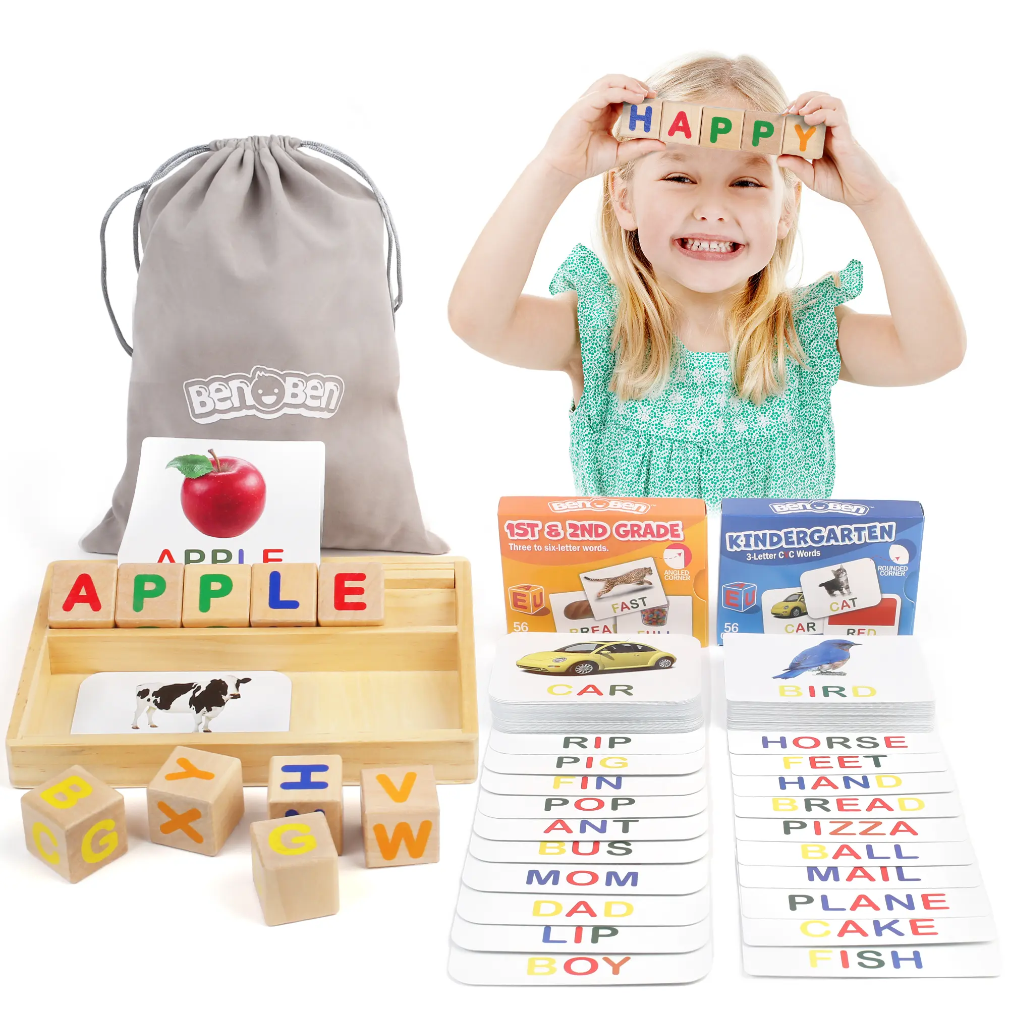 Benben Spelling Games for Kids - Wooden Matching Letters CVC Word Games with 110 Sight Words Flash Cards kids educational toys