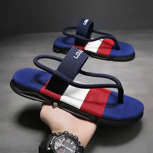 Men's Casual Flip Flops with Bold Letter Print & Striped Design Durable Fabric Upper Non-Slip PVC Sole Comfortable EVA Insole All-Season Versatile for Beach Pool Lounge Blue Beach Accessories Poolside Footwear