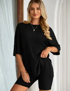 PRETTYGARDEN Crewneck Two-Piece Set For Women Summer Casual Oversized Split  Hem Shirts & Side Pocket Biker Shorts  Minimalist Lounge Wear Soft Viscose Fabric Comfy Homewear Cozy Pjs#Summervibes