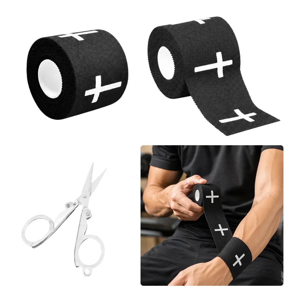 2 pieces of sports tape with 1 folding scissor, cross pattern, suitable for running, basketball, boxing, rock climbing, used for wrist and ankle stability, breathable, easy to tear