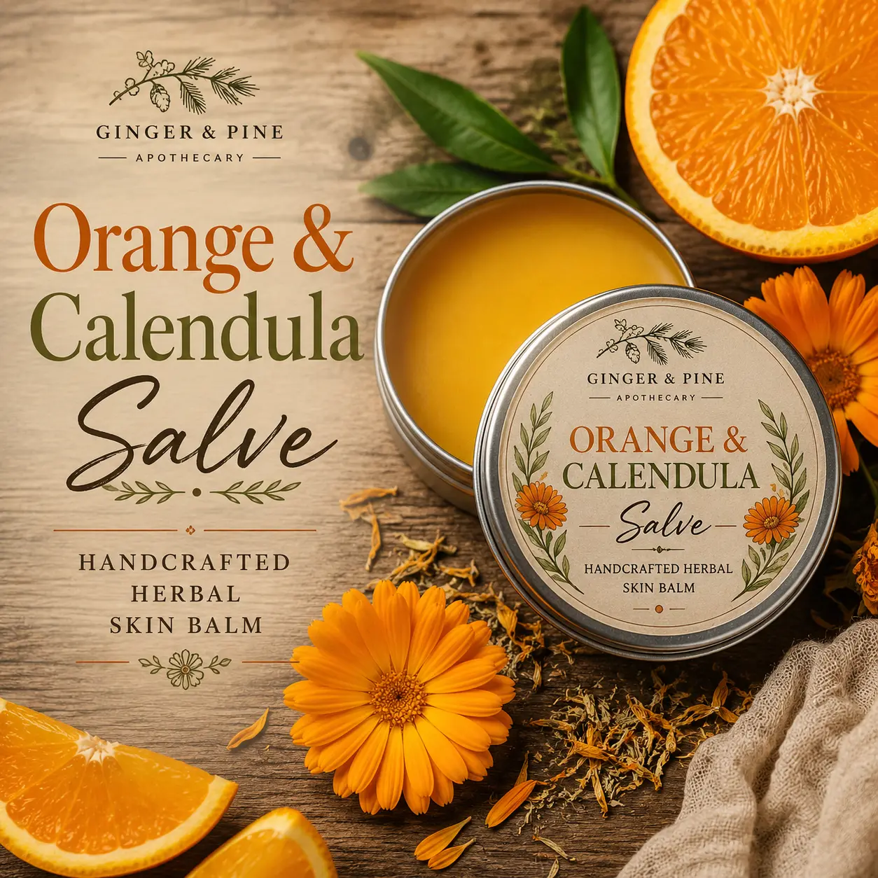 Orange & Calendula Herbal Salve Body Care, Soothing Hydrating Ointment, Daily Moisture Nourishing Moisturizer to Moisturize Repair Skin for Dry Rough Hands & Cuticles - Uplifting Orange Scent, Handcrafted Herbal Skin Balm, Calendula Flowers, Dry Skin
