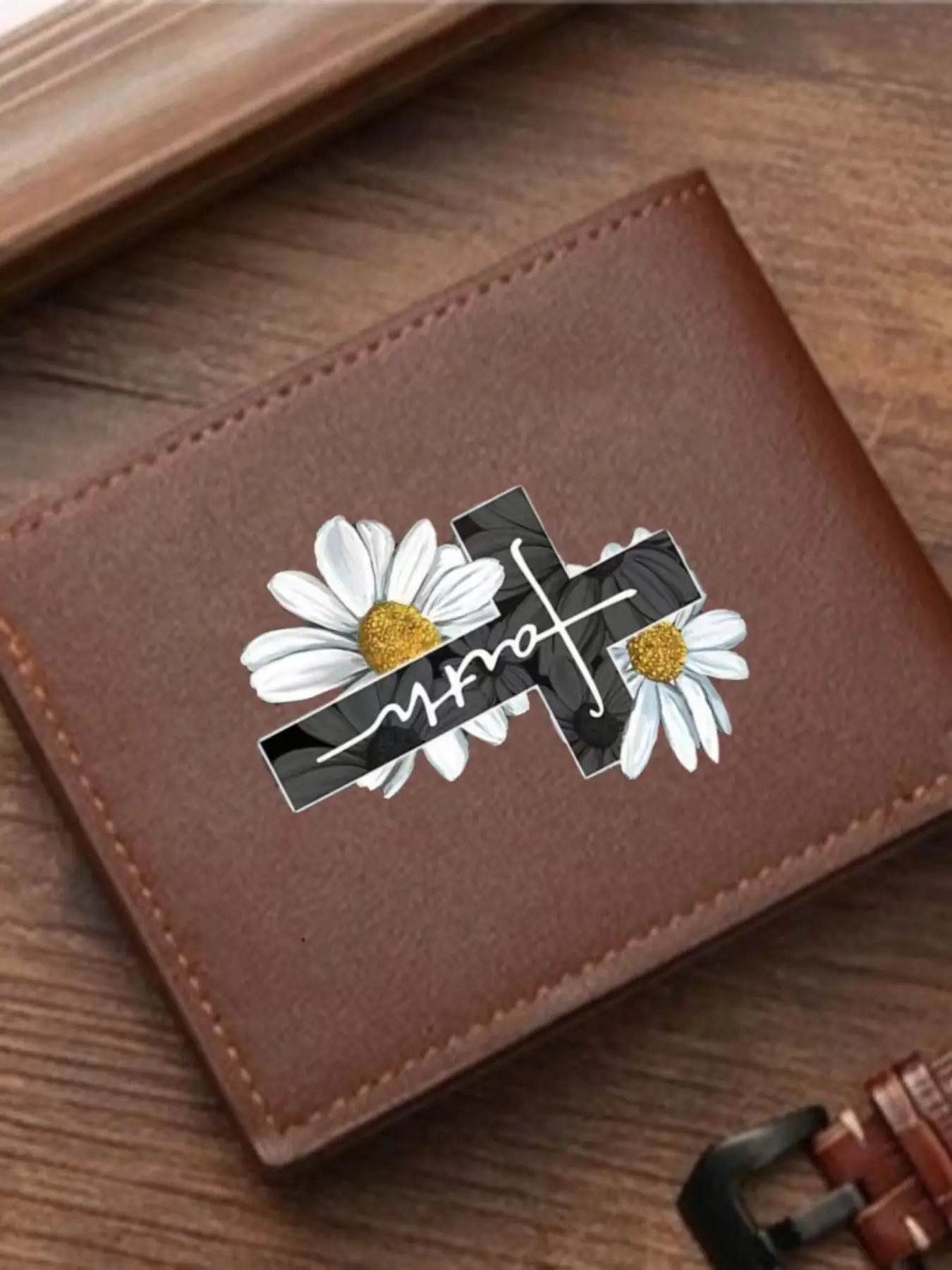 Women's Faith Cross Daisy Print Wallet, PU Leather, Floral Religious Theme, Cute Christian Style, Ultra-Thin Multi-Card Holder