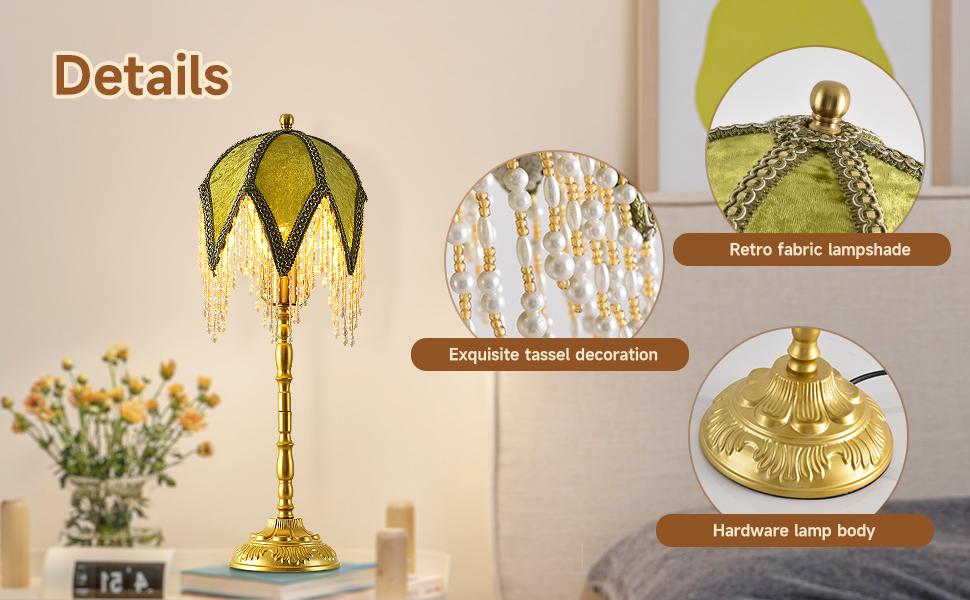 Vintage Tasselled Table Lamp with Beaded Shade, 3 Color Temperatures, Green and Gold, Victorian Style-C