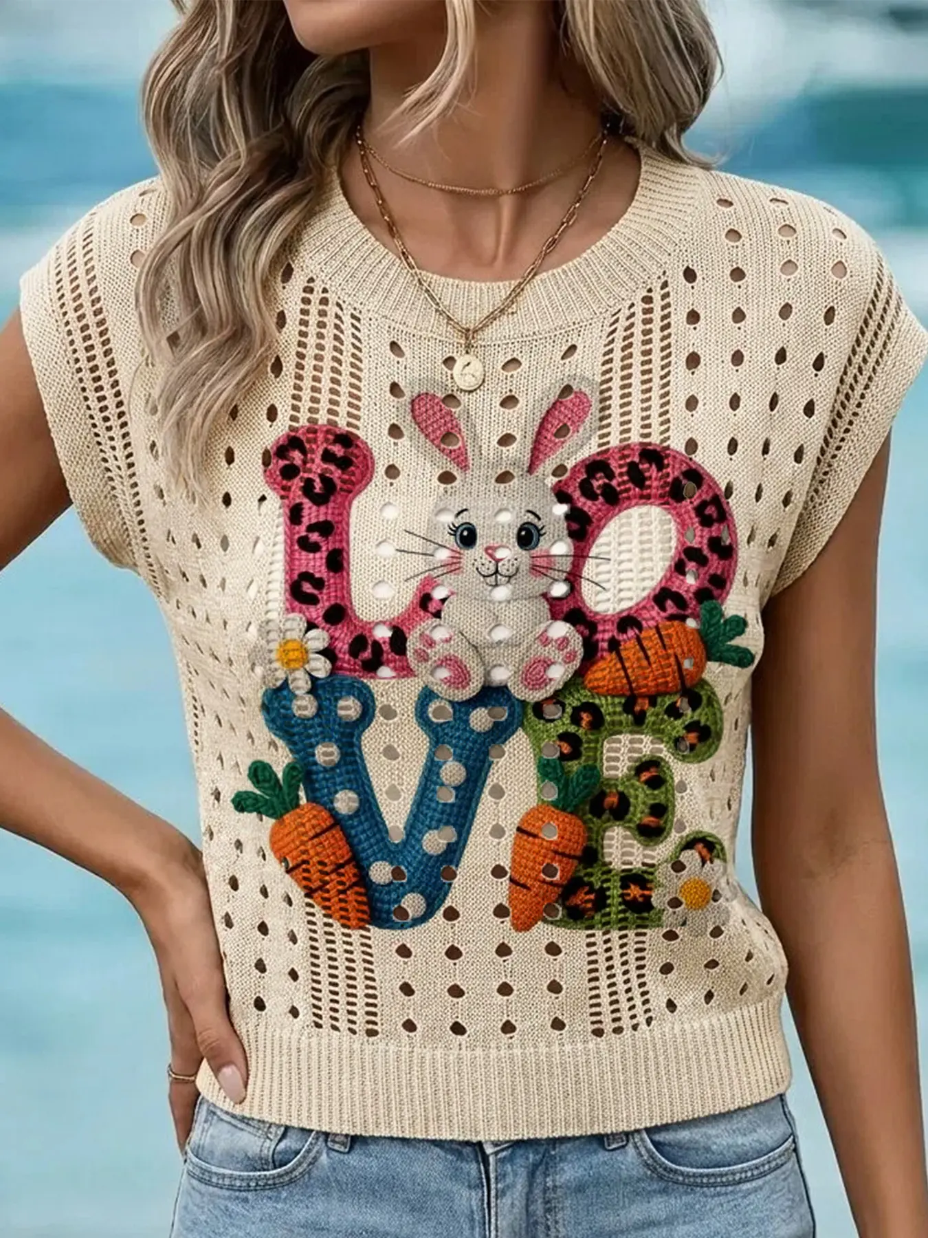 Spring Summer Elegant Women's Love Rabbit Print Round Neck Sweater, Casual Sleeveless Knit Top, Breathable Loose Fit, All Seasons, Knitwear, Knitting, Womenswear
