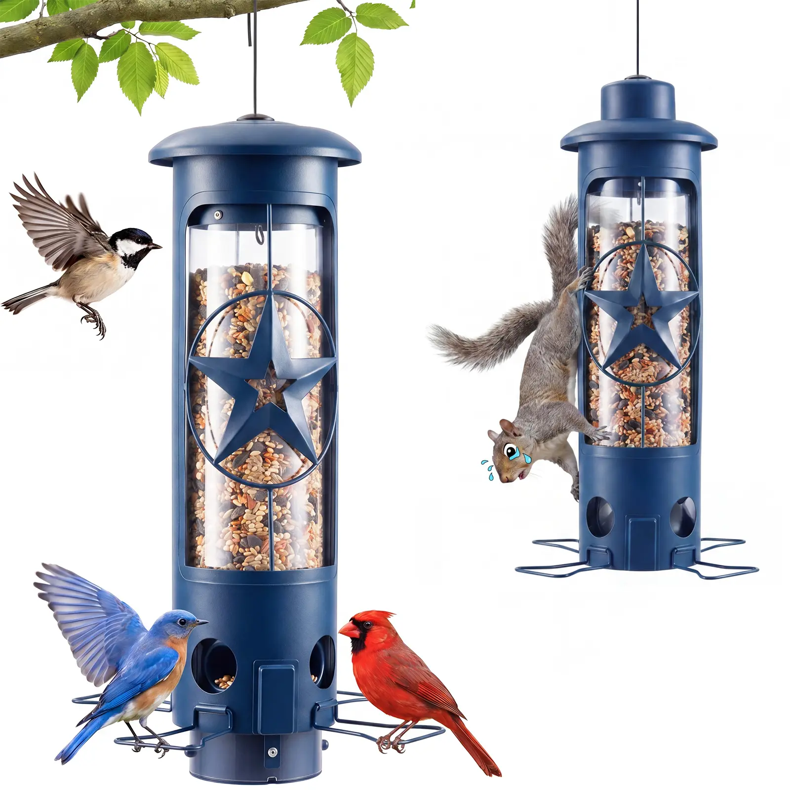 Squirrel Proof Bird Feeders for Outdoors with Weight-Activated, 3LB Large Metal Wild Bird Feeders for Cardinals,Blue Jay,Finch, Weatherproof Durable Tube Hanging Bird Feeder for Backyard,Garden,Patio