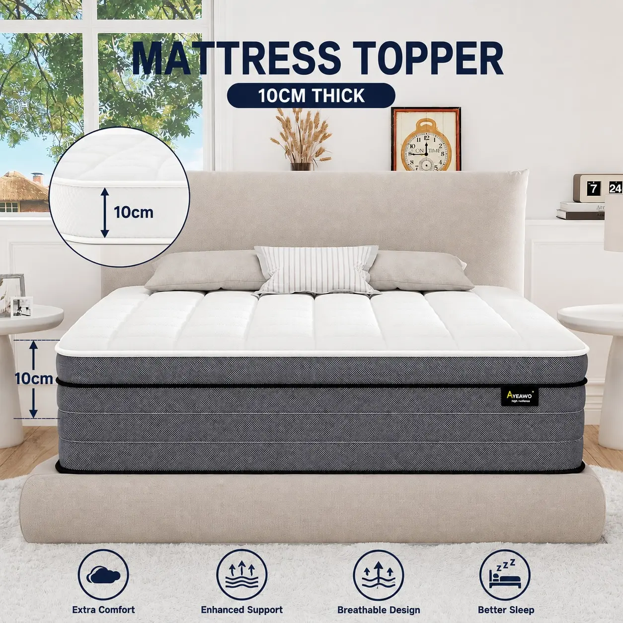 Full Size Mattress - 10 cm  Hybrid Mattress Topper Full Size Topper Pressure Relief and Upgraded Support, Medium Firm Full Mattress Topper in a Box