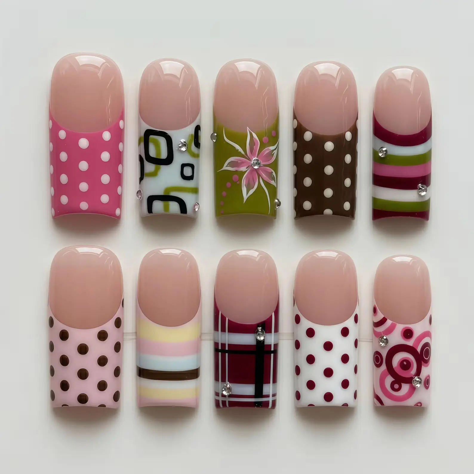 Pernell Home Handmade Y2K Press On Nails | French Tip Square, Polka Dot Plaid Floral Rhinestone Reusable Salon Quality Fake Nails | Cute Retro Gift Summer Set