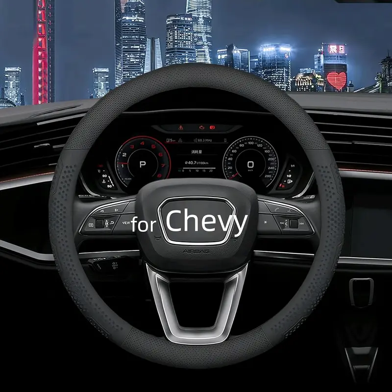 Leather Steering Wheel Cover for Chevrolet Silverado150025003500, 14.5-15inch Car Steering Wheel Cover Non-Slip Breathable(Black)