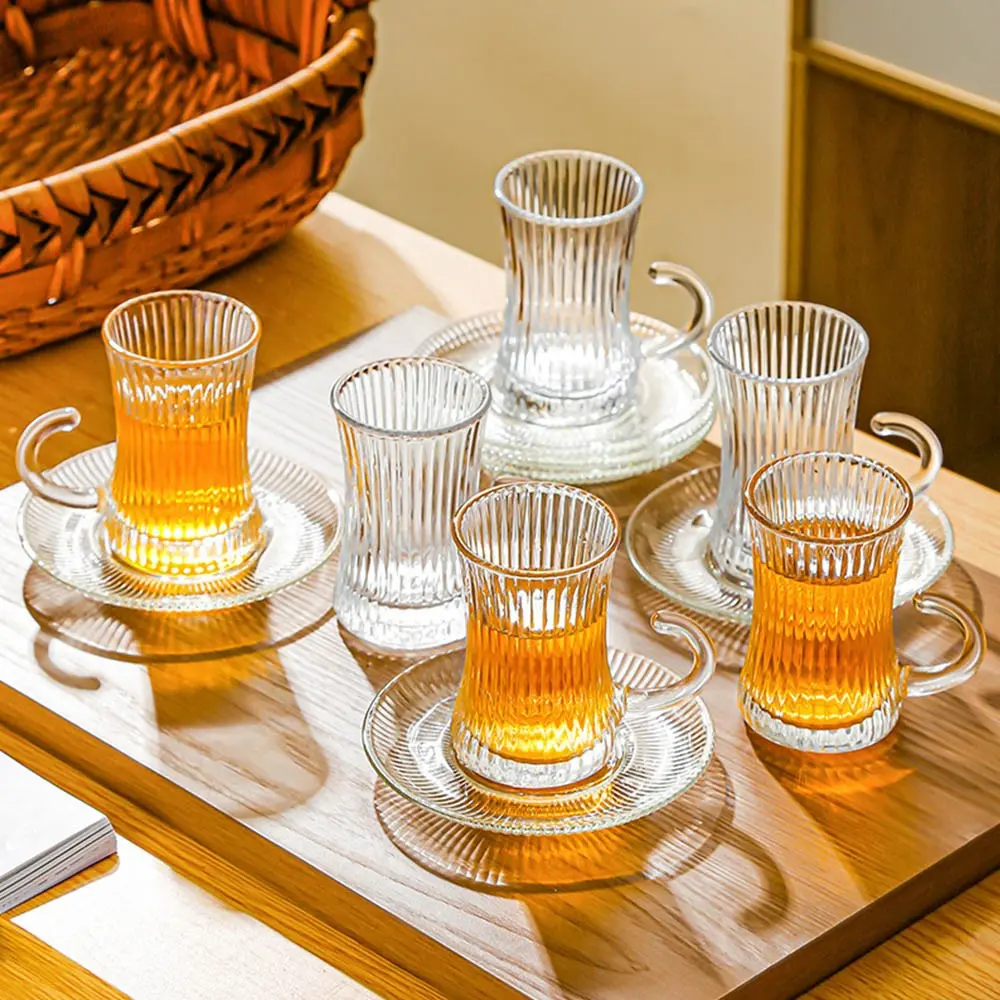 Turkish Tea Glasses with Handles, Small Glass Tea Cups, Clear Transparent Teacup Set,  Tea Glasses Cups Set of 6 and Saucers Glassware Drinking Women Party Fancy Drinkware Stylish Drinkware for Hot and Cold Beverages