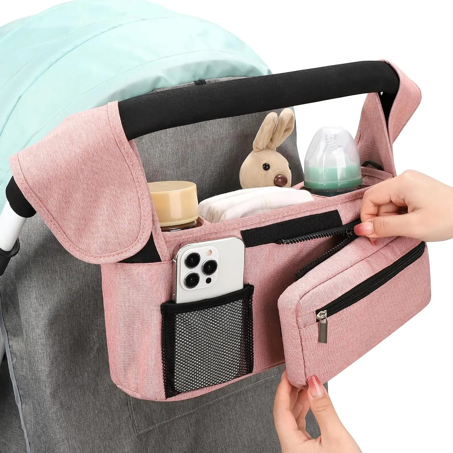 Universal Baby Stroller Organizer, Stroller Caddy with Detachable Mesh Bag & Heightened Insulated Cup Holders & Non-Slip Secure Hooks Accessories, Fits Most Strollers (Pink)