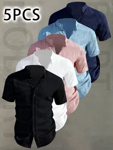5pcs Men's Summer Short Sleeve Shirt - Lightweight Breathable Solid Color Plain Button-Up Casual Shirt with Stand Collar, Low-cut collar designr Beach Vacation, Pool Party & Casual Attire, Beach Shirt, gift for husband